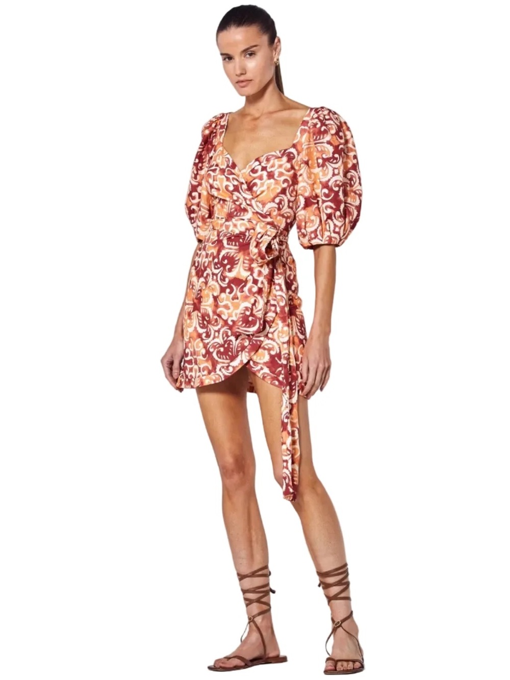 Alexis Puff-Sleeve Wrap Mini Dress in Rust & Cream Swirl